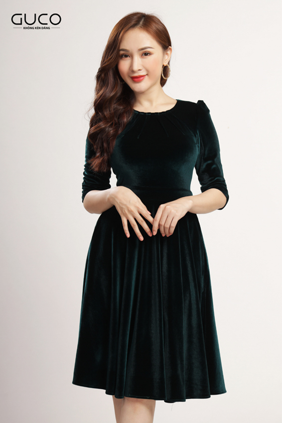 Đầm dự tiệc sang trọng vải nhung 2070 màu xanh